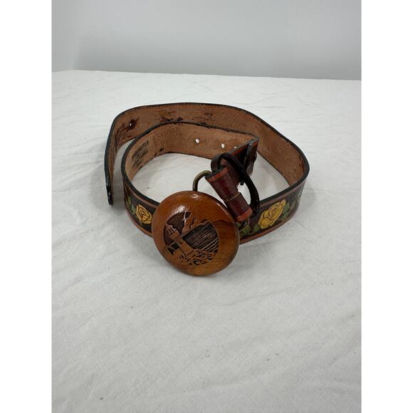 Vintage Hand Tooled Womens Belt Brown Yellow Roses Western Wooden Buckle Cowgirl - Picture 2 of 8